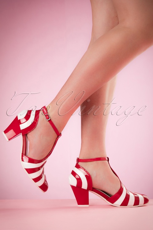 Lola Ramona - 50s Elsie Striped Patent Pumps in Red and White