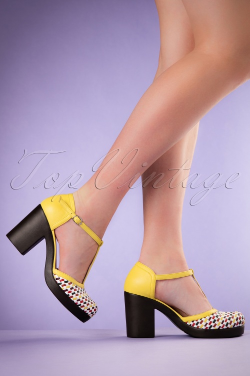 Wow To Go! - 70s Jennie T-Strap Block Pumps in Yellow