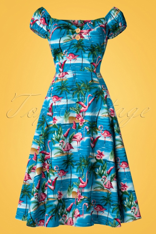 Collectif Clothing - Dolores Flamingo Island poppenjurk in blauw 3