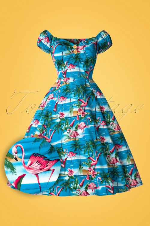 Collectif Clothing - Dolores Flamingo Island poppenjurk in blauw 2