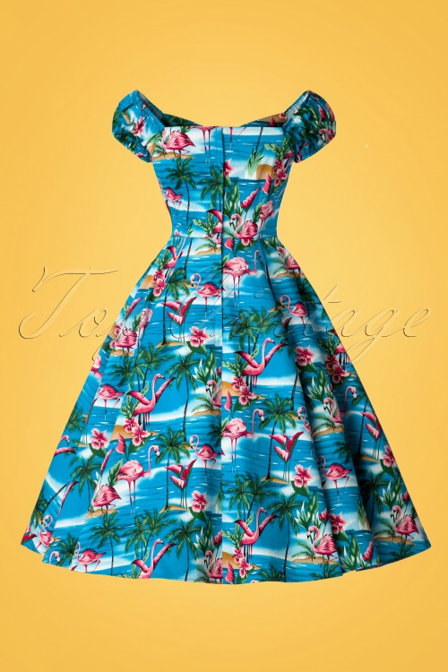 Collectif Clothing - Dolores Flamingo Island poppenjurk in blauw 6