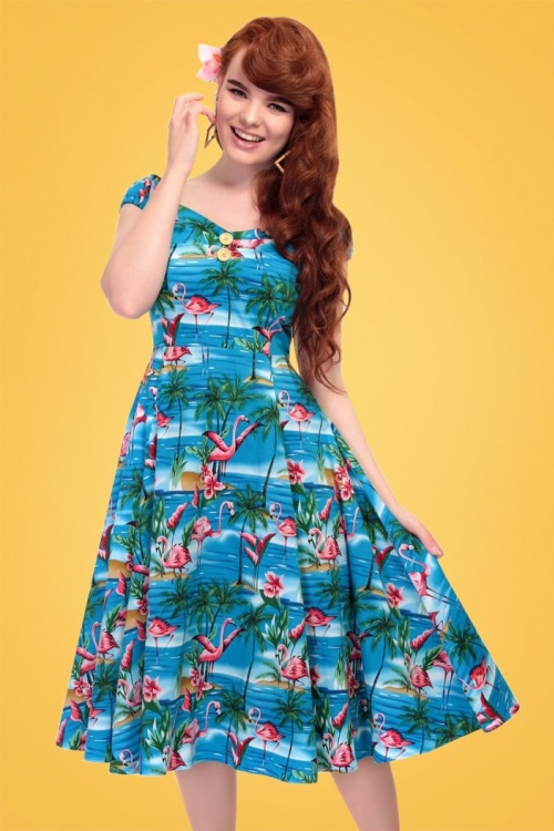 Collectif Clothing - 50s Dolores Flamingo Island Doll Dress in Blue 8