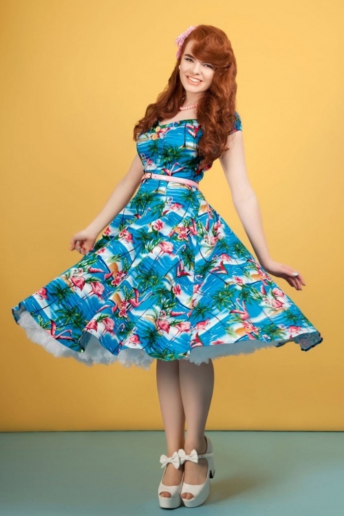 Collectif Clothing - Dolores Flamingo Island Doll Dress Années 50 en Bleu 9