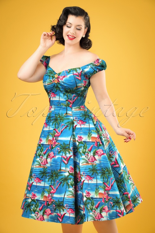 Collectif Clothing - 50s Dolores Flamingo Island Doll Dress in Blue