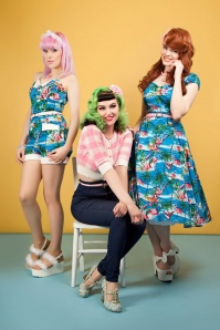 Collectif Clothing - Dolores Flamingo Island poppenjurk in blauw 11
