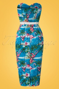 Collectif Clothing - 50s Monica Flamingo Island Pencil Dress in Blue 4
