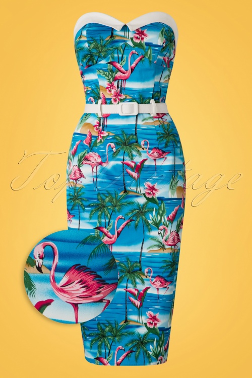 Collectif Clothing - Monica Flamingo Island Pencil Dress Années 50 en Bleu 2