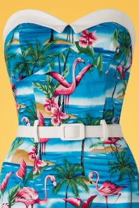 Collectif Clothing - Monica Flamingo Island Pencil Dress Années 50 en Bleu 3