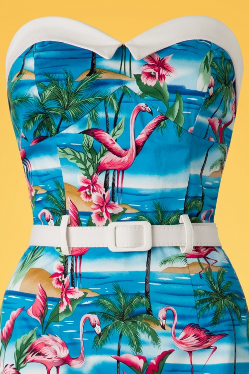 Collectif Clothing - Monica Flamingo Island Pencil Dress Années 50 en Bleu 3