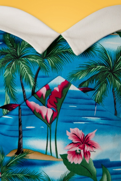 Collectif Clothing - 50s Ursula Flamingo Island Top in Blue 3