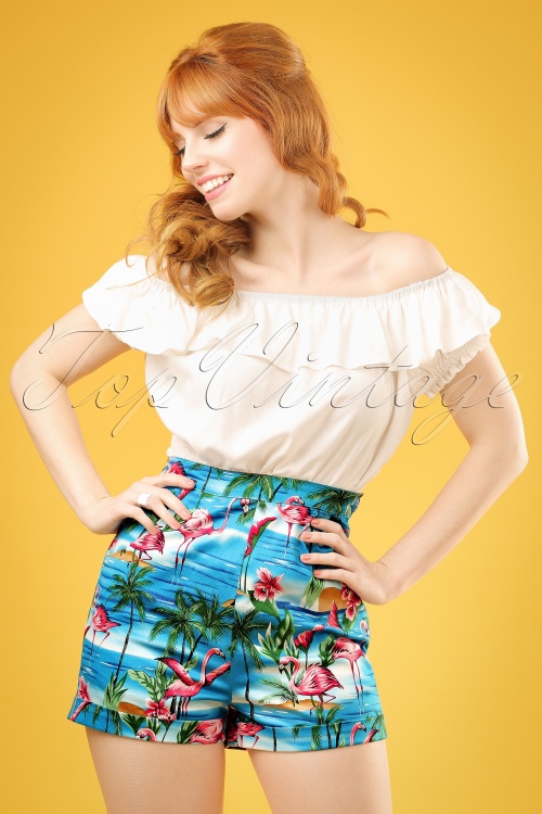 Collectif Clothing - 50s Ayana Flamingo Island Shorts in Blue