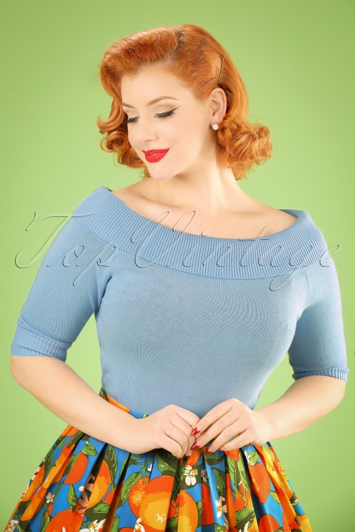 Collectif Clothing - 50s Bridgette Knitted Top in Bluebell