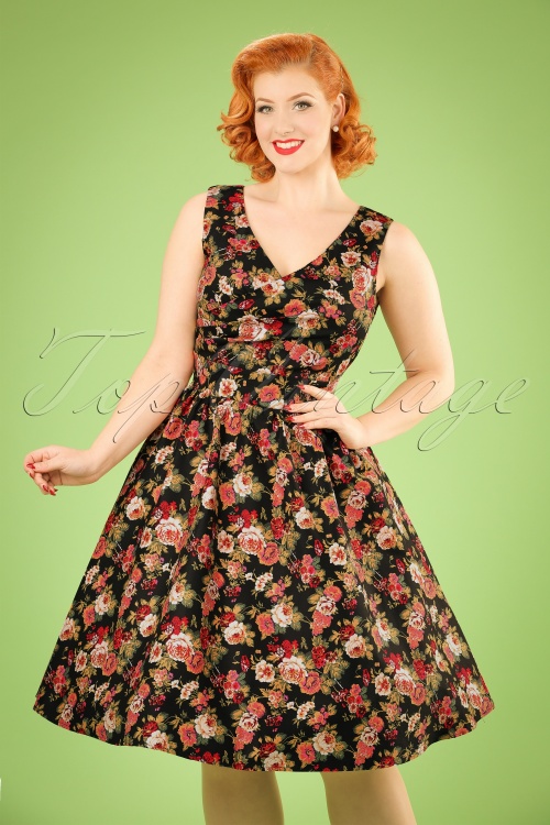 Dolly and Dotty - 50s May Floral Swing Dress in Black