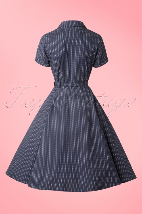 Collectif Clothing - Caterina Mini Polkadot Swing Dress Années 40 en Bleu Marine 7