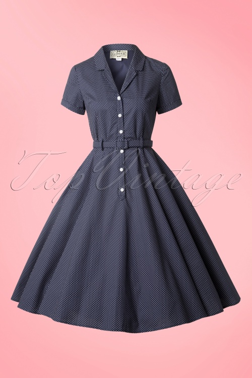Collectif Clothing - Caterina Mini Polkadot Swing Dress Années 40 en Bleu Marine 3
