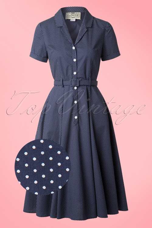 Collectif Clothing - Caterina mini-swingjurk met polkadots in marineblauw 2