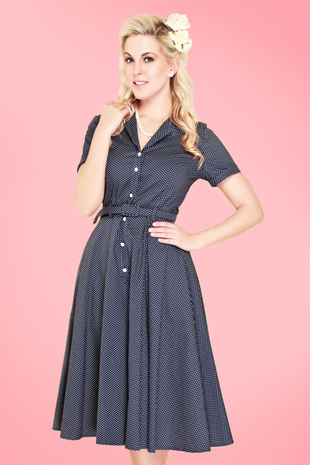 40s Caterina Mini Polkadot Swing Dress In Navy 3668