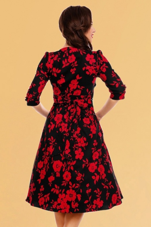 Dolly and Dotty - 50s Katherine Floral Swing Dress in Black and Red 8