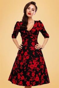 Dolly and Dotty - 50s Katherine Floral Swing Dress in Black and Red 3
