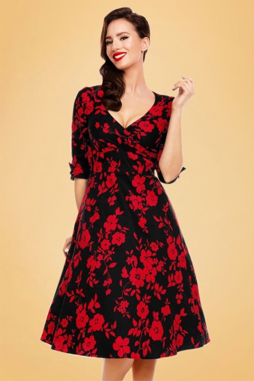Dolly and Dotty - 50s Katherine Floral Swing Dress in Black and Red