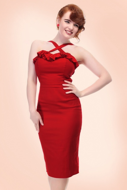 Collectif Clothing - Mandy Pencil Dress Années 50 en Rouge Foncé 4