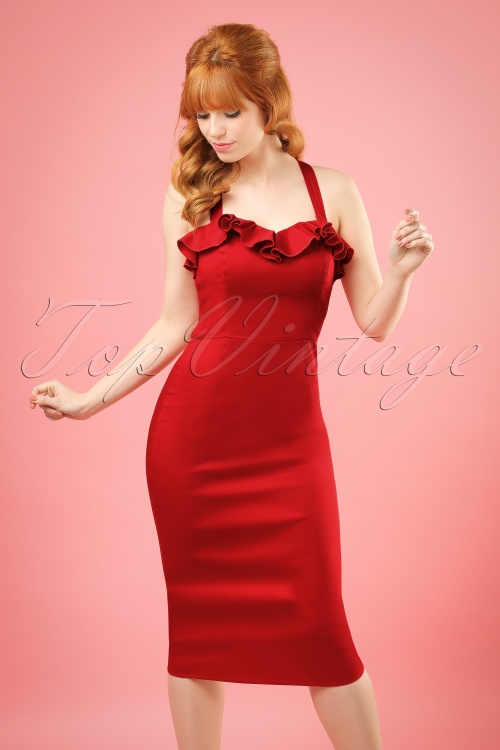 Collectif Clothing - 50s Mandy Pencil Dress in Dark Red