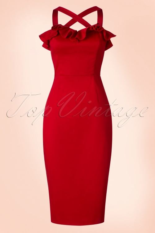 Collectif Clothing - 50s Mandy Pencil Dress in Dark Red 2