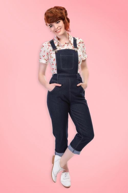 Collectif Clothing - 50s Coco Denim Dungarees in Navy 7