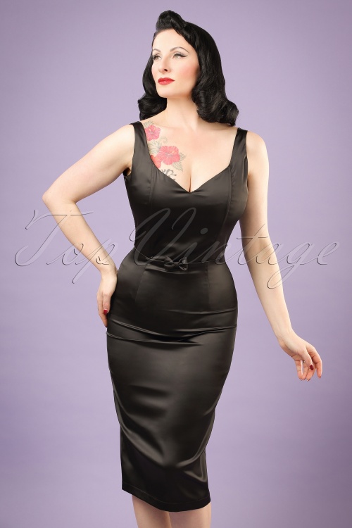 Collectif Clothing - 50s Primrose Satin Pencil Dress in Black