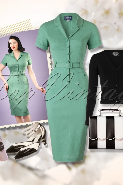 Collectif Clothing - Caterina Pencil Dress Années 50 en Vert Menthe 7