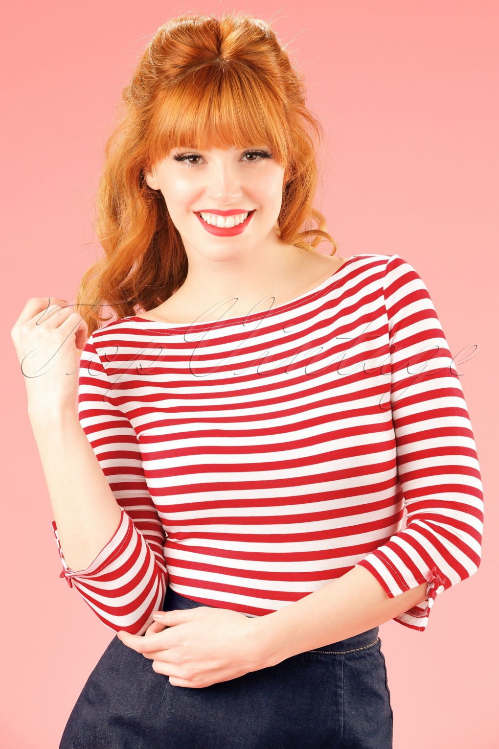 50s Modern Love Stripes Top In White And Red