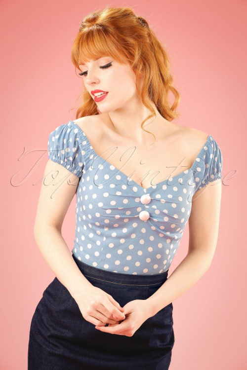 Collectif Clothing - 50s Dolores Polkadot Top Carmen in Dusky Blue and White