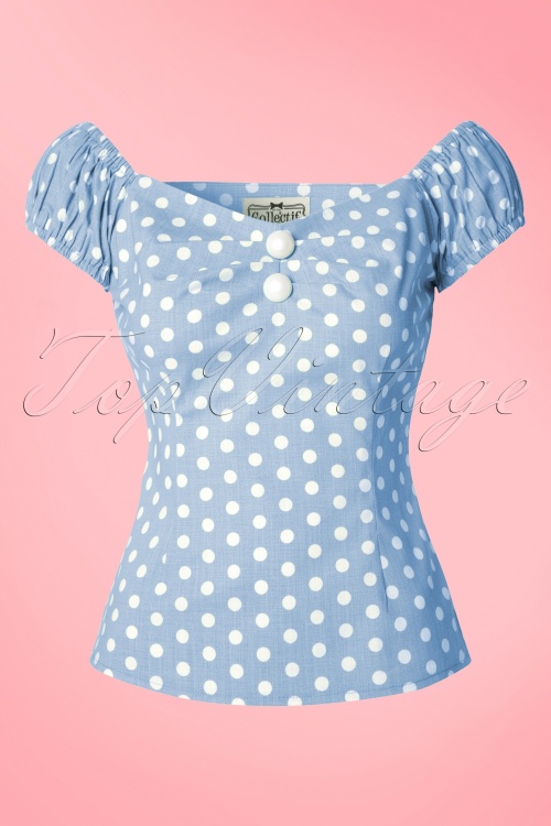 Collectif Clothing - 50s Dolores Polkadot Top Carmen in Dusky Blue and White 2