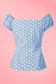 Collectif Clothing - 50s Dolores Polkadot Top Carmen in Dusky Blue and White 4