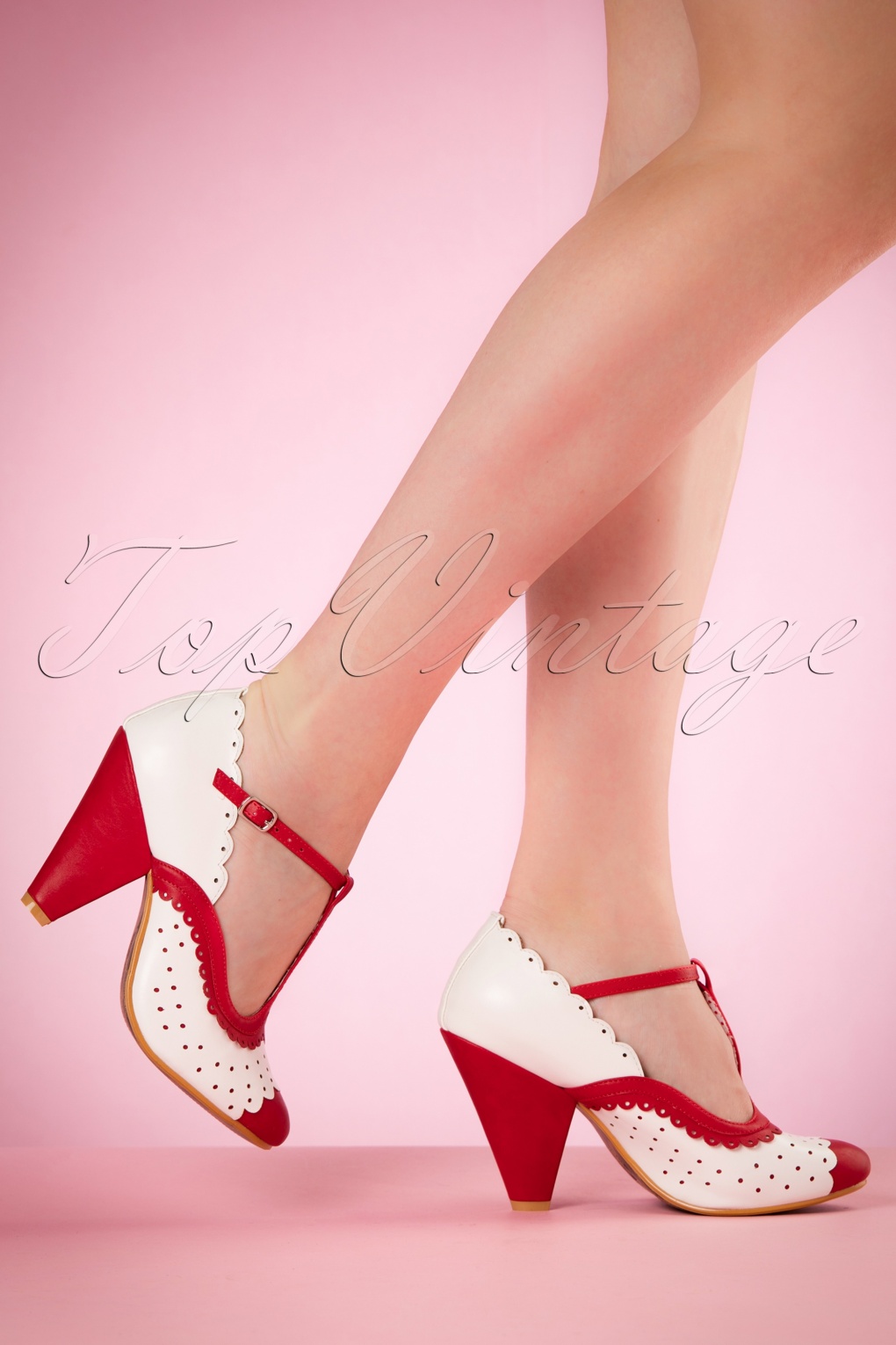 40s Paige TStrap Pumps in Red and White