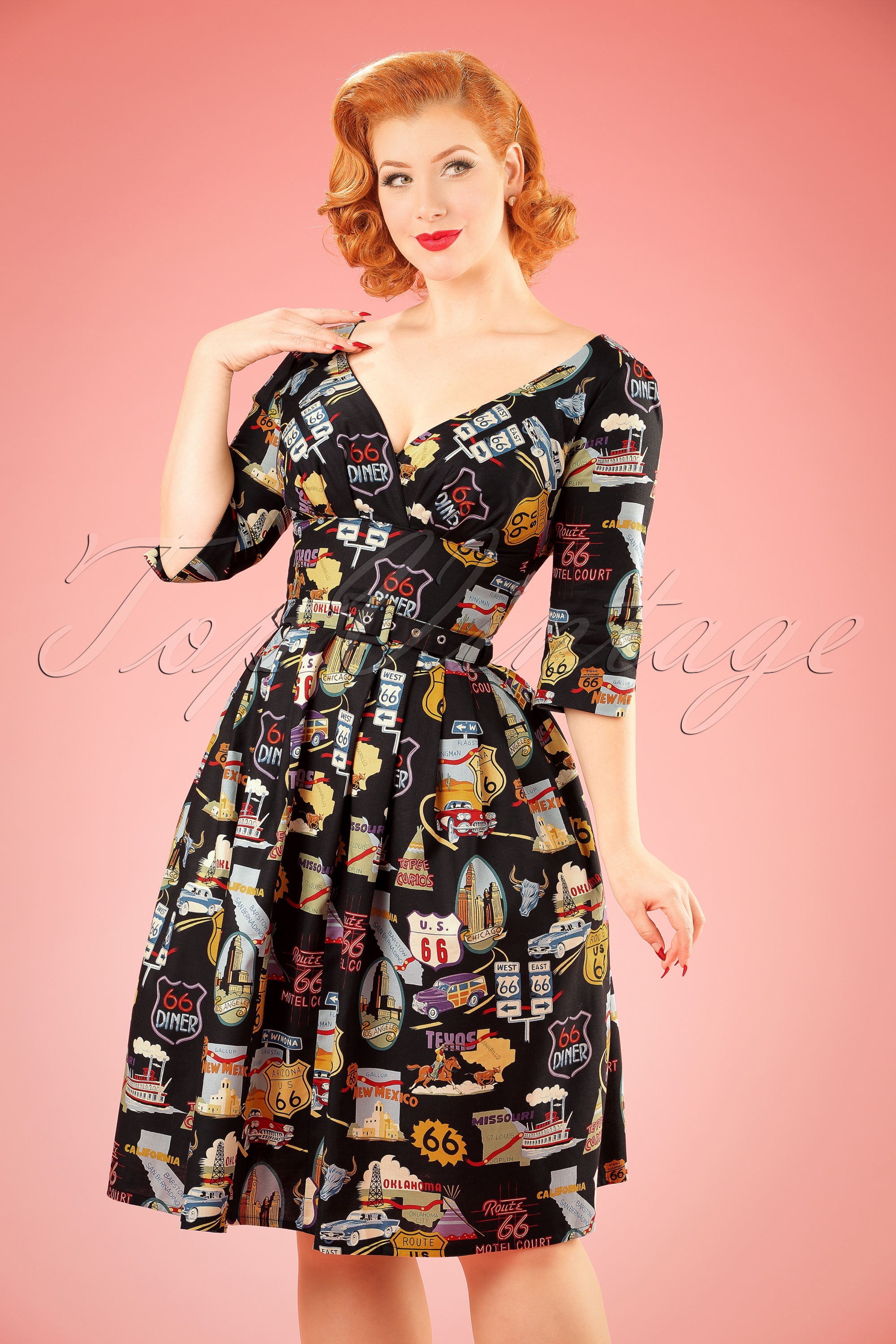 Victory Parade - Exclusief TopVintage ~ Livia Route 66 Frock Swingjurk in zwart