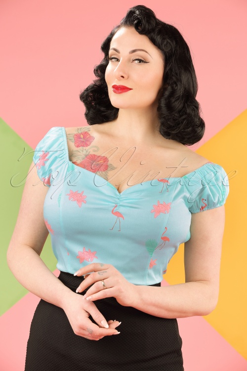 Banned Retro - 50s Time Lapse Flamingo Top in Light Blue