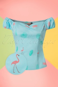 Banned Retro - 50s Time Lapse Flamingo Top in Light Blue 2