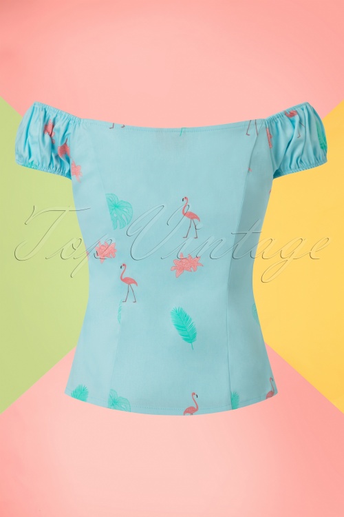Banned Retro - 50s Time Lapse Flamingo Top in Light Blue 4
