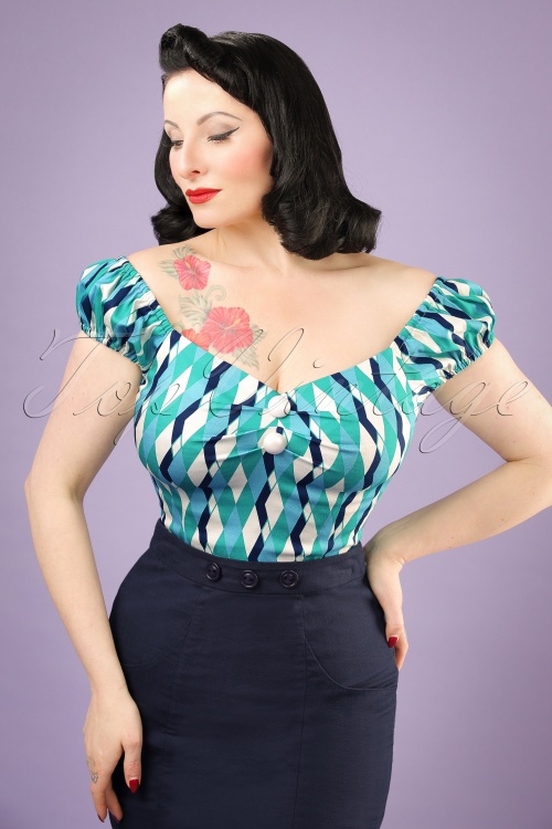 Collectif Clothing - 50s Dolores Atomic Harlequin Top in Blue and Jade