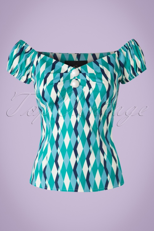 Collectif Clothing - 50s Dolores Atomic Harlequin Top in Blue and Jade 2