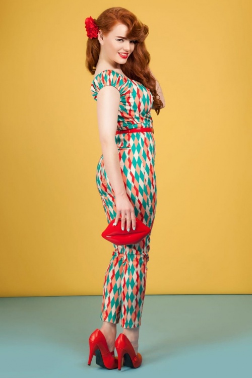 Collectif Clothing - 50s Dolores Atomic Harlequin Top in Red and Jade 6
