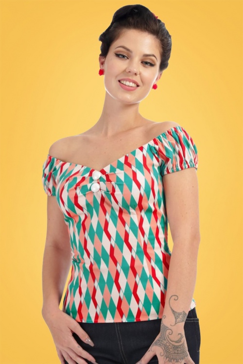 Collectif Clothing - 50s Dolores Atomic Harlequin Top in Red and Jade 4