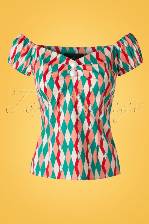 Collectif Clothing - 50s Dolores Atomic Harlequin Top in Red and Jade 2