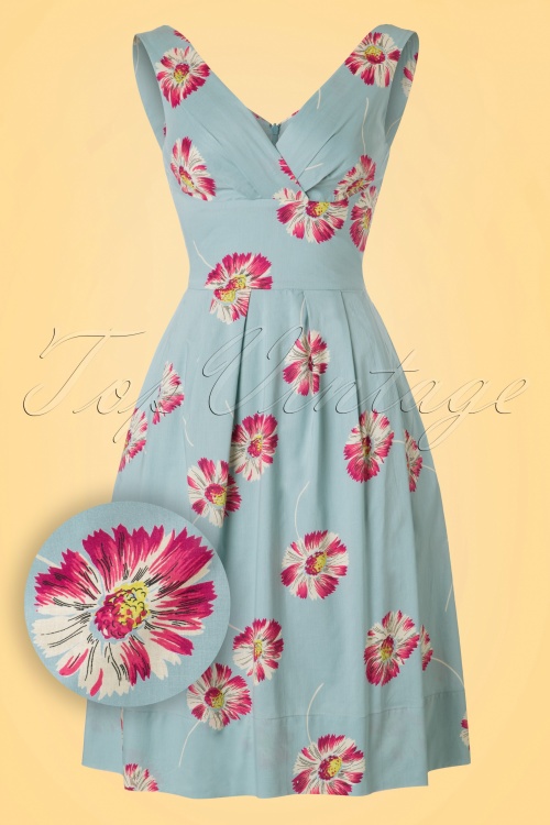 Emily and Fin - 50s Lillian Floating Daisies Dress in Dusty Blue