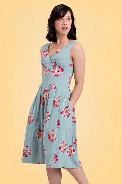 Emily and Fin - 50s Lillian Floating Daisies Dress in Dusty Blue 3