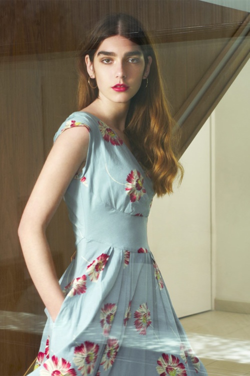 Emily and Fin - 50s Lillian Floating Daisies Dress in Dusty Blue 2
