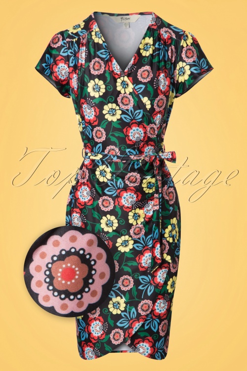 Yumi - 60s Moroccan Floral Wrap Dress in Black 2
