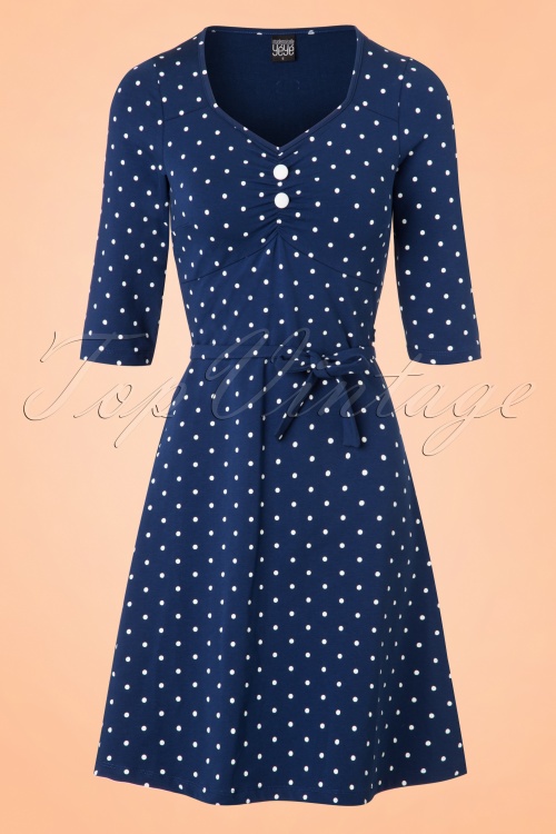 Mademoiselle YéYé - June Polkadot Dress Années 60 en Bleu marine 2
