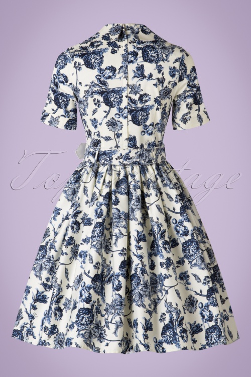 Collectif Clothing - Janet Toile Floral Shirt Dress Années 50 en Blanc et Bleu 8